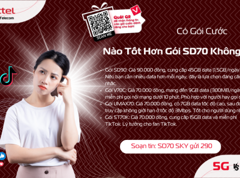 Gói Cước Viettel 70k Tháng - Đăng Ký SD70 Nhận 30GB Data